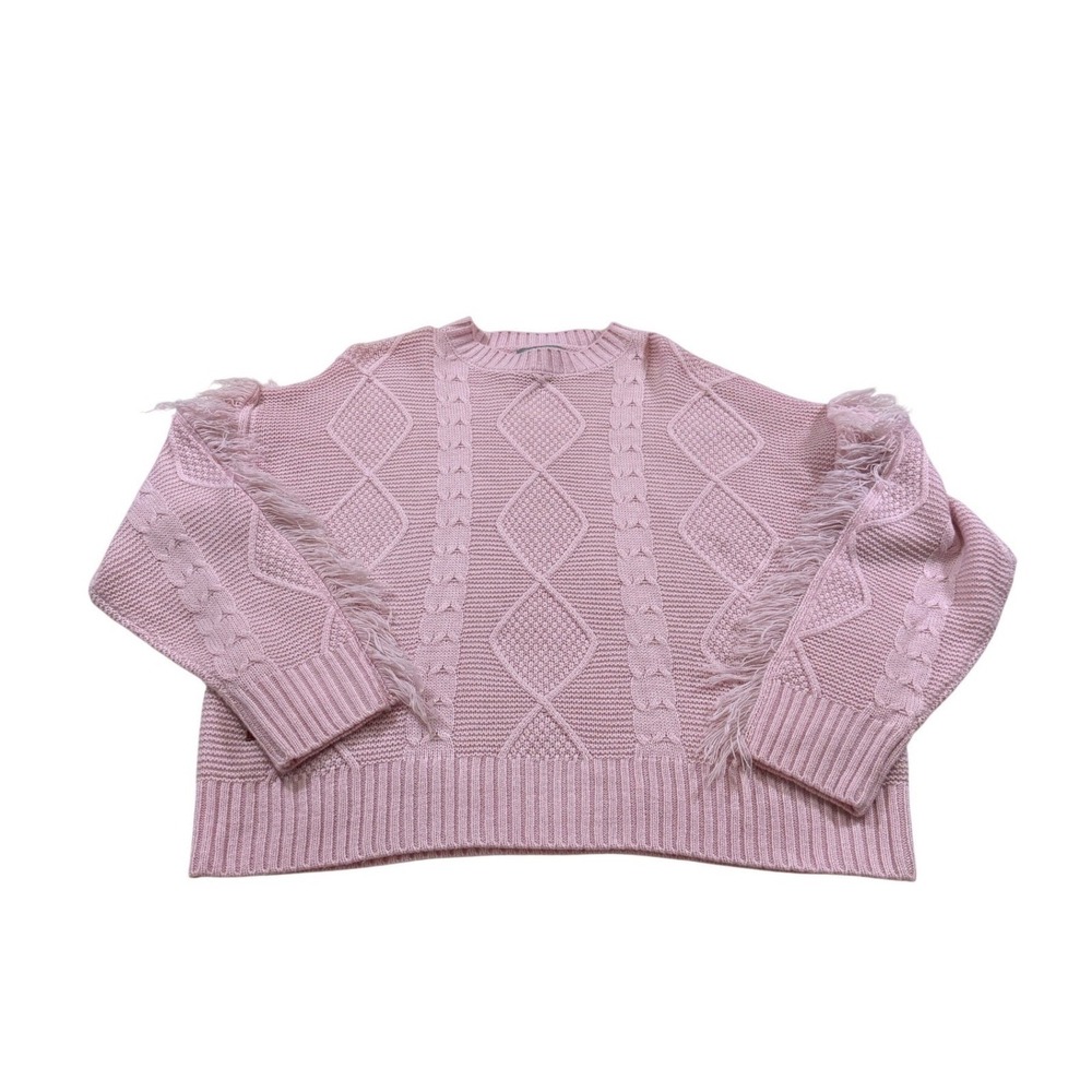 Simply Southern Sweater Pink Cable Knit Fringe Boho Pullover Cozy Coastal‎ M